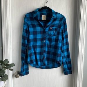 Hollister Turquoise and Navy Blue Women’s Plaid Button Down Shirt